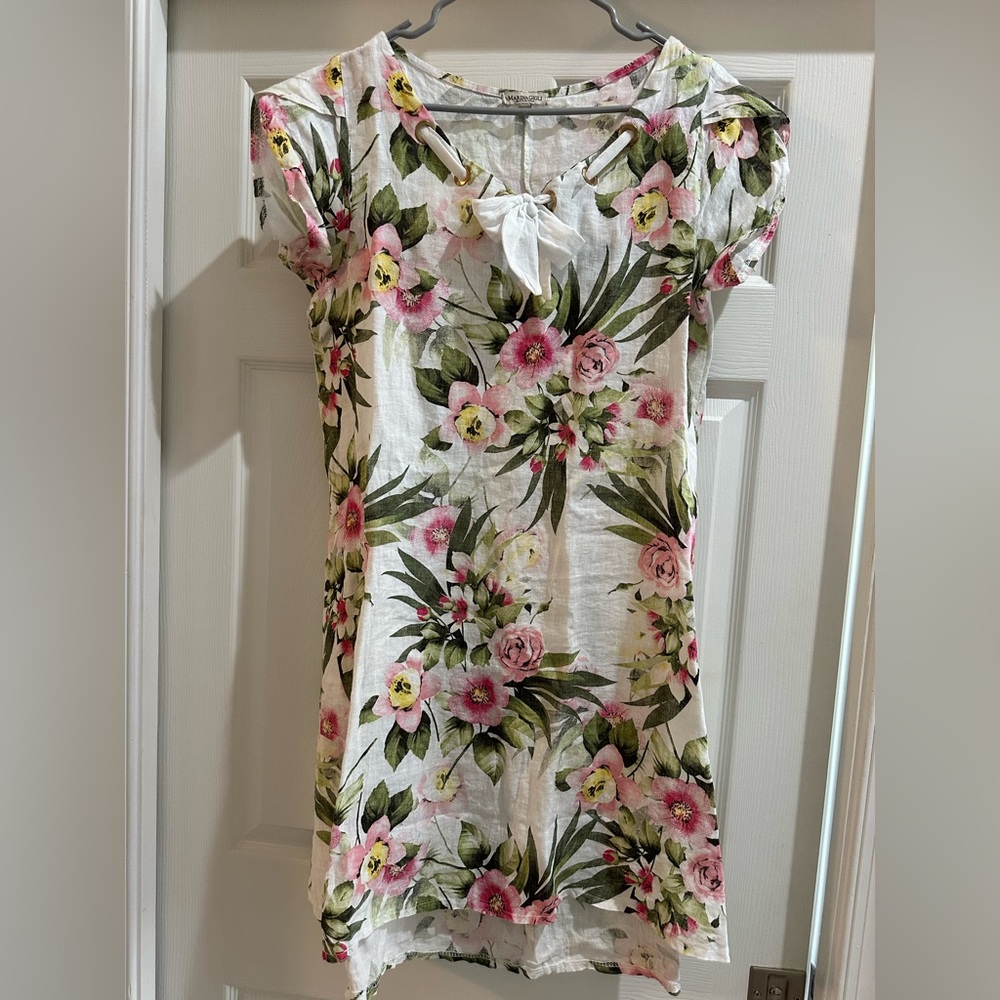 Floral Roses Peony Linen Marina Gigli Midi Dress L